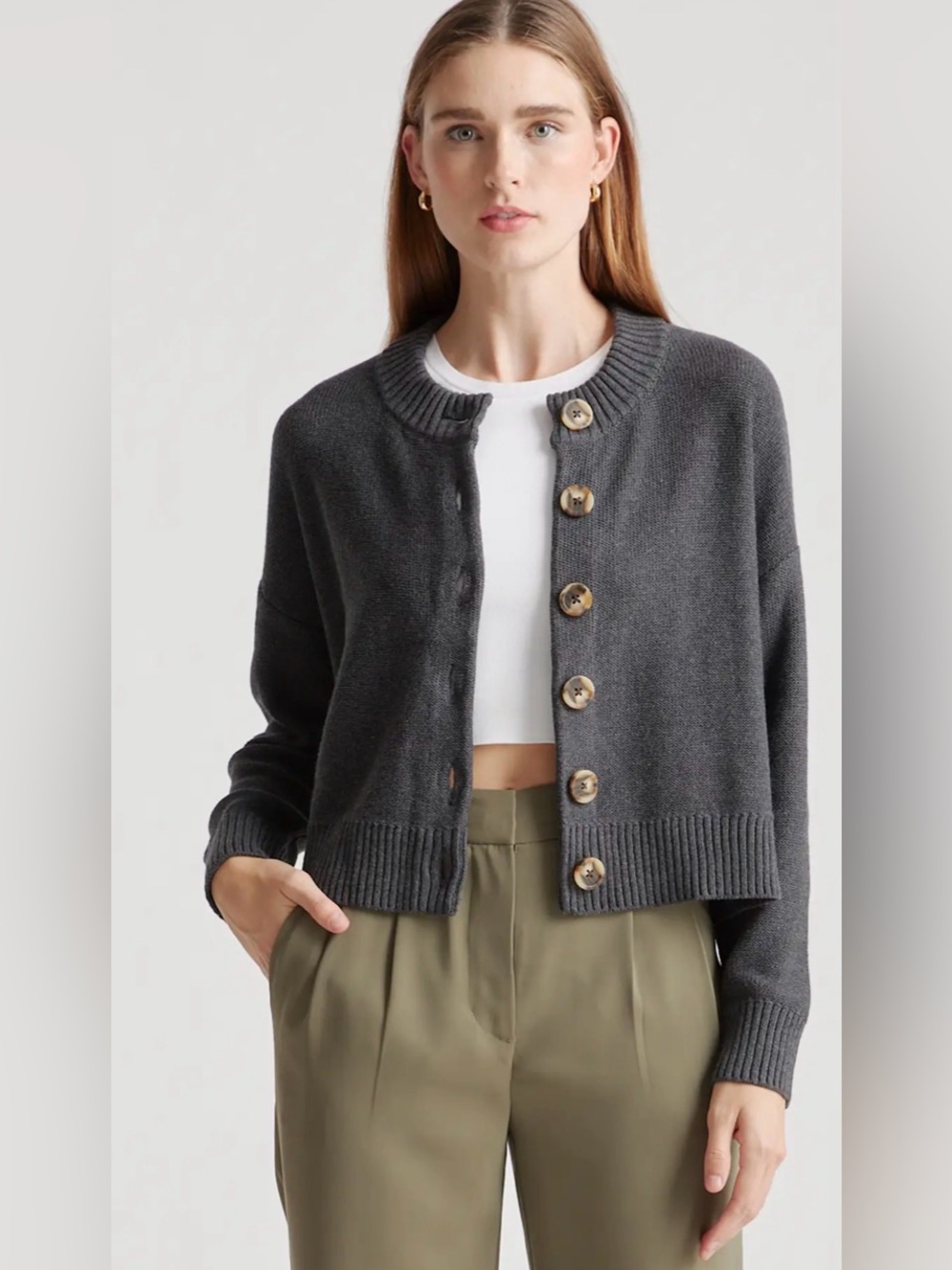 Quince 100% Organic Cotton Cropped Cardigan Charcoal Sleeved Top L